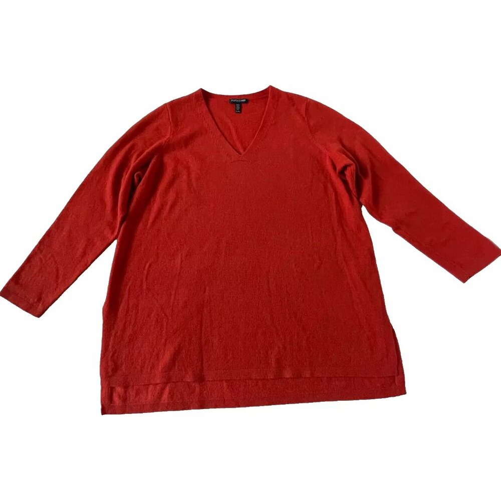 Eileen Fisher Cashmere Red/orange V-neck tunic sweater, side vent slit hem, PL